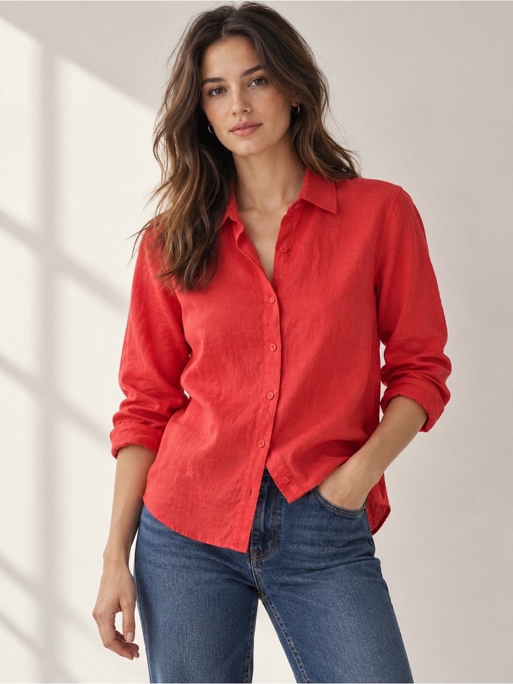 Uniqlo Bright Red Linen Casual Button-Down Shirt